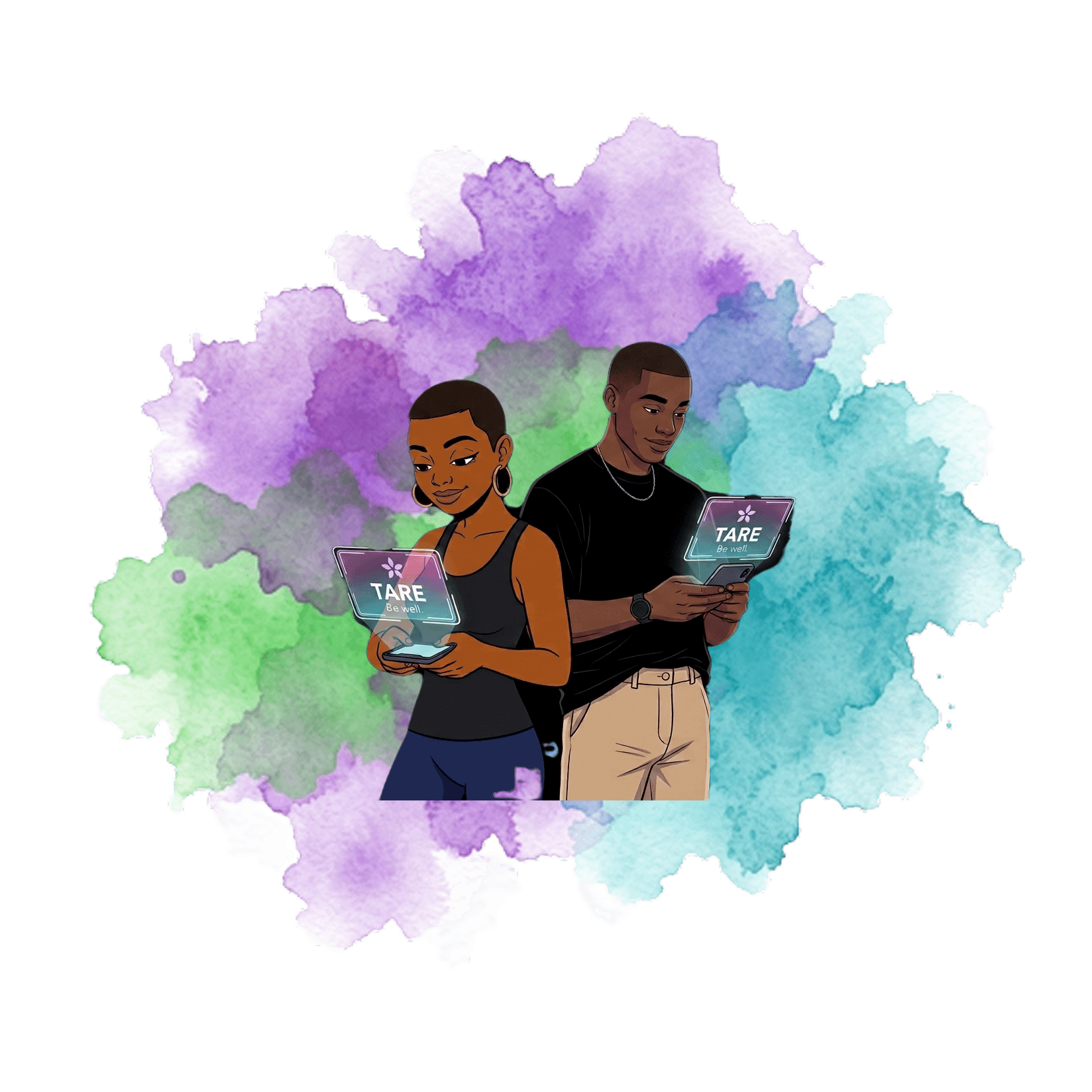 Black couple standing back to back holding phones displaying holographic TARE Be Well screens